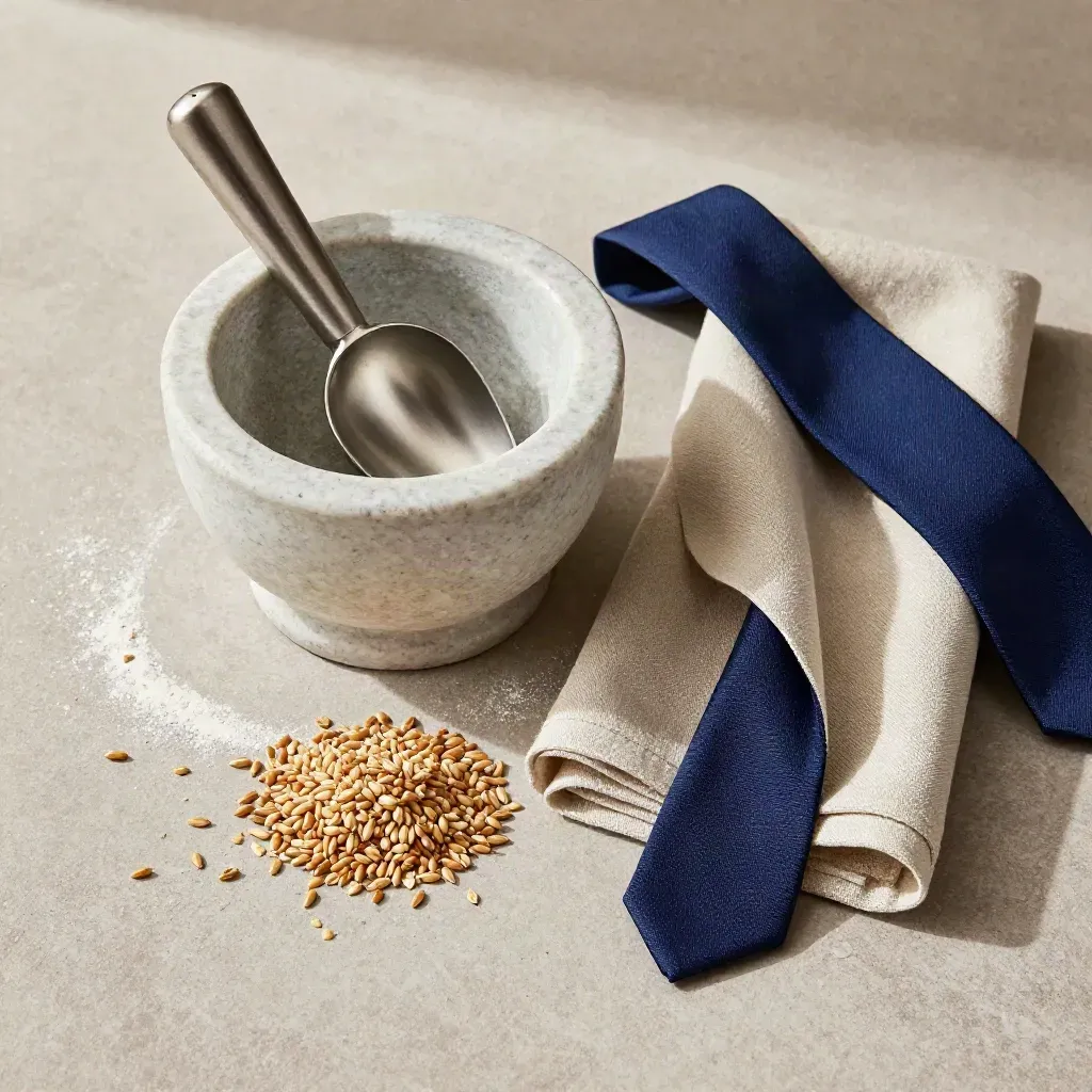 Top-down food still life with mortar, scoop, linen wrap and grain kernels on pale stone.