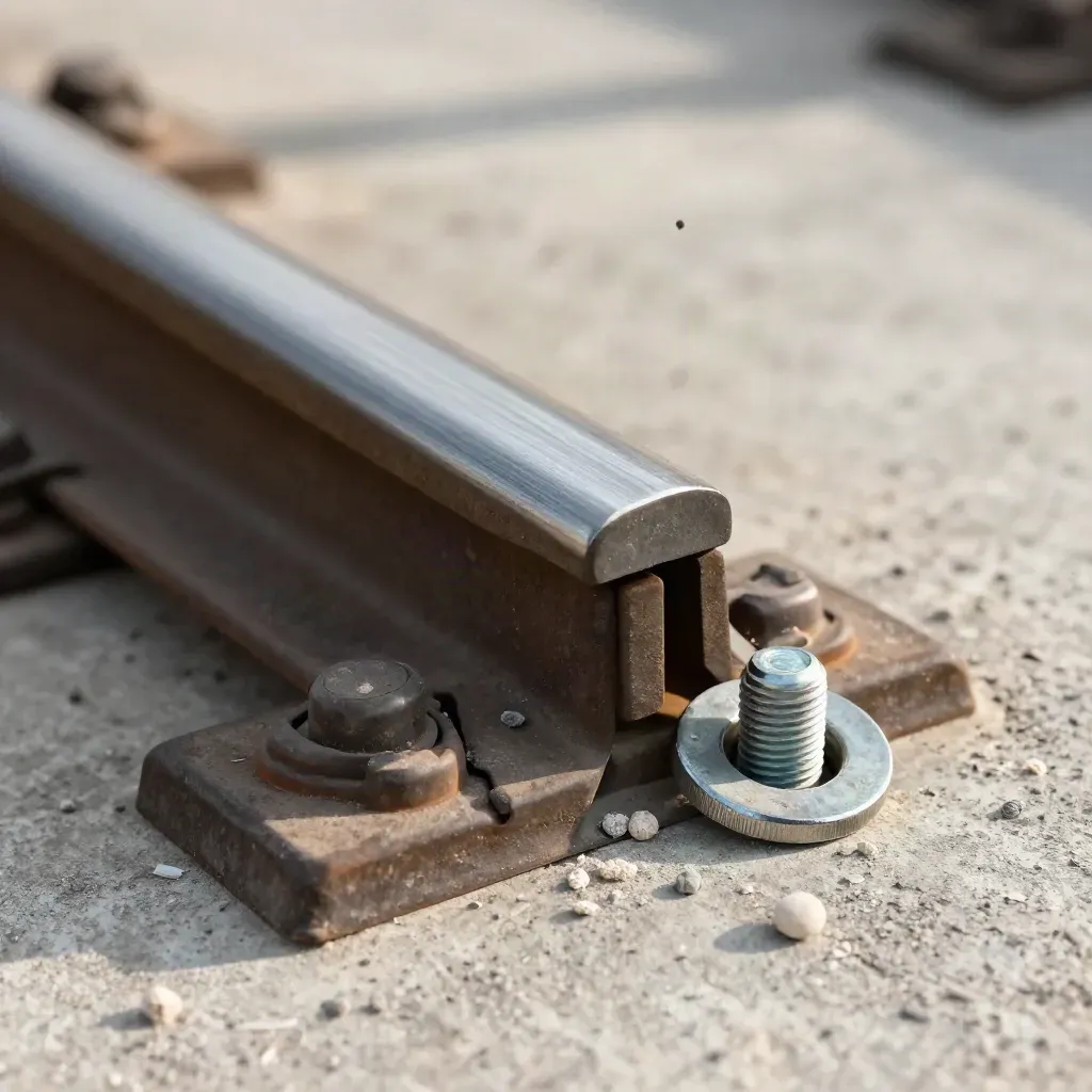 Macro of rail fastening plate, spring clip and grit-coated washer on concrete, lit from upper left.