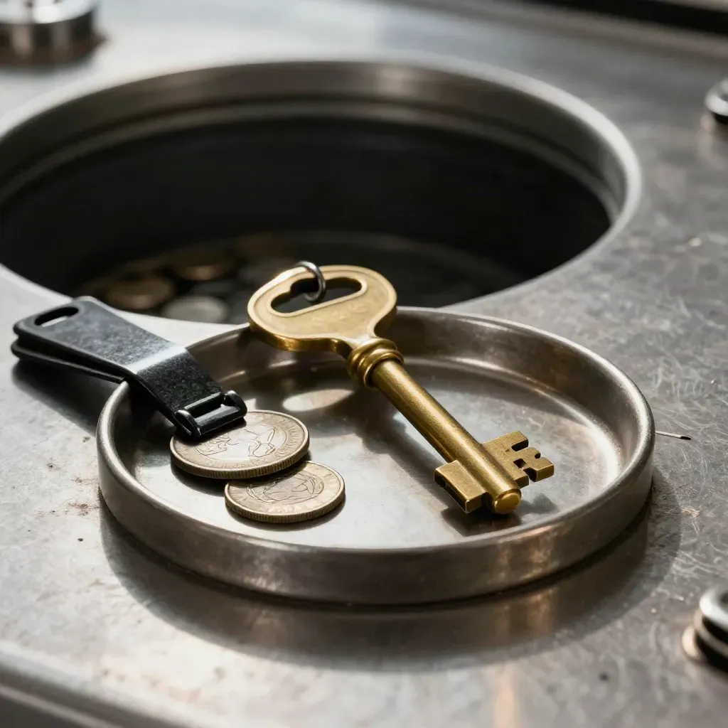 Brass vault key ring, coin tray, and black metal file clip on brushed pewter.