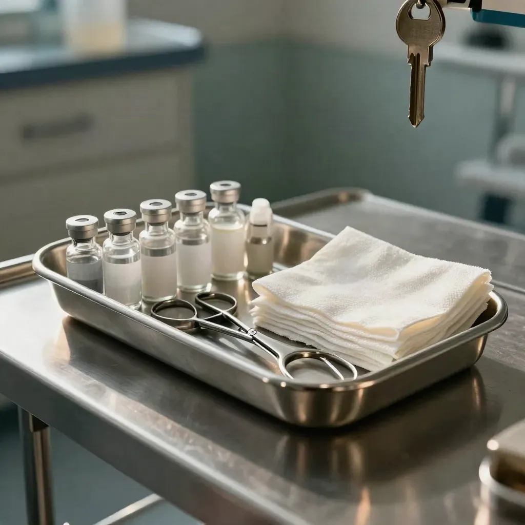 Stainless tray with glass vials, gauze squares, and a metal case on a brushed steel surface.