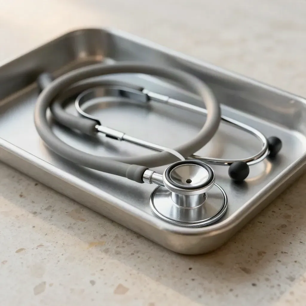 Stethoscope chestpiece, medication tray and tubing coil on pale travertine in soft clinical light.