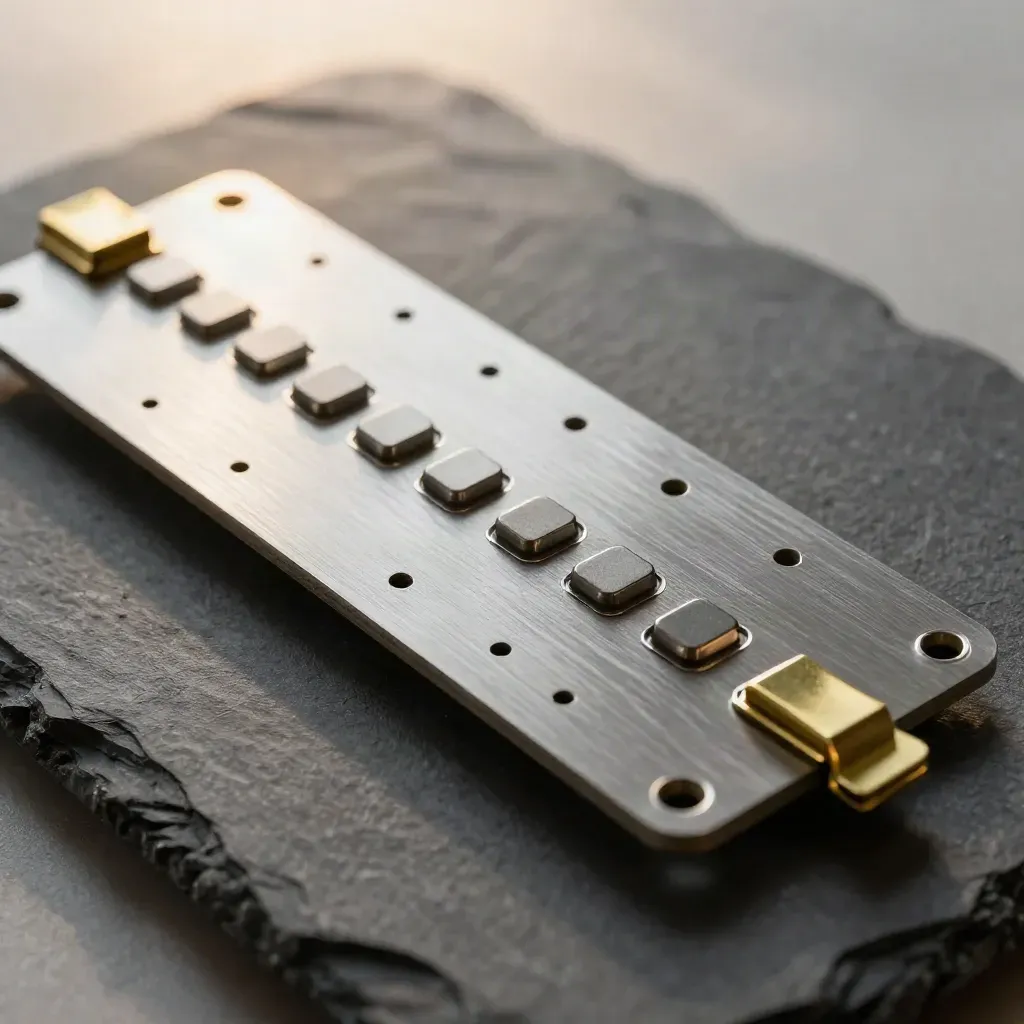 Macro of a perforated aluminium routing board with brass clips and blank markers.