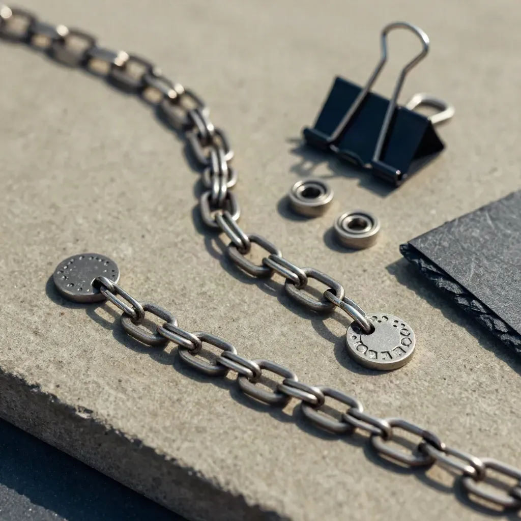 Linked steel workflow tokens beside a split-ring clip on stone, lit dramatically