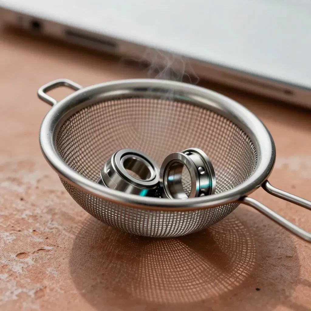 Stainless funnel and mesh strainer with a stalled steel ball bearing in a macro still life.