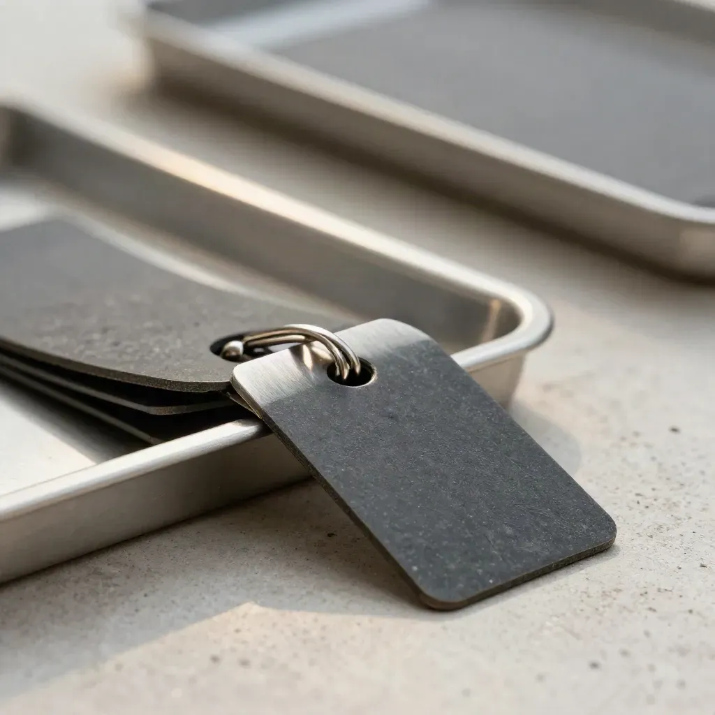 Cargo tags and a rail clip sliding across a metal transfer tray in top-down macro.