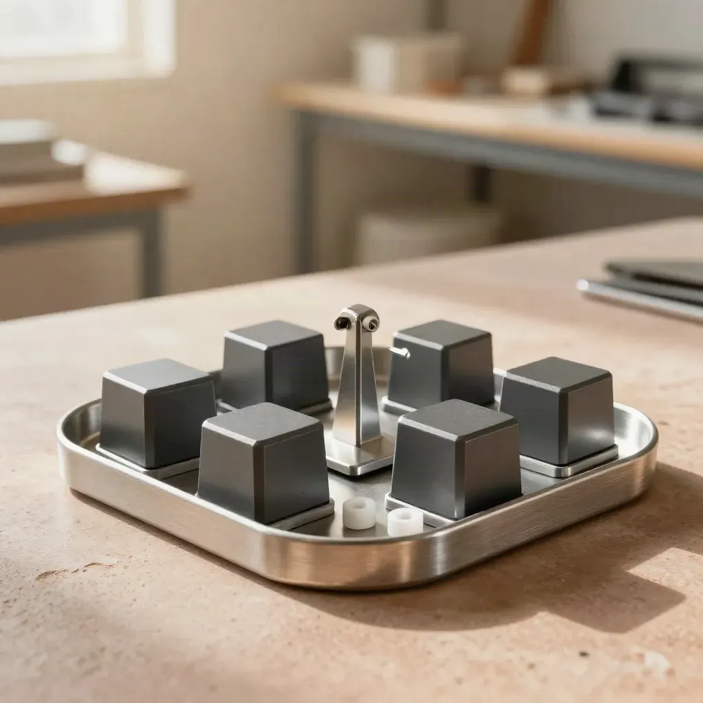 Modular aluminium tray set with five status blocks and a central anchor plate on stone.