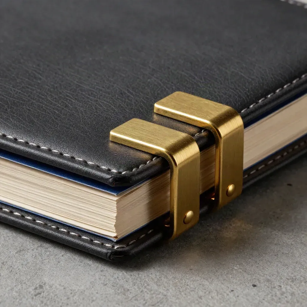 Top-down ledger spine with archival tabs and brass markers on cool stone