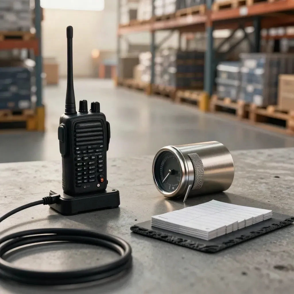 Warehouse ops desk with radio, timer and workflow tokens, seen through a cable coil.