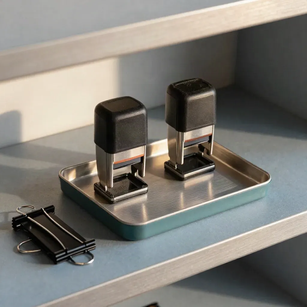 Overhead close of stamp set, magnetic tray and clips on a shelf, shot through a blurred foreground lip.