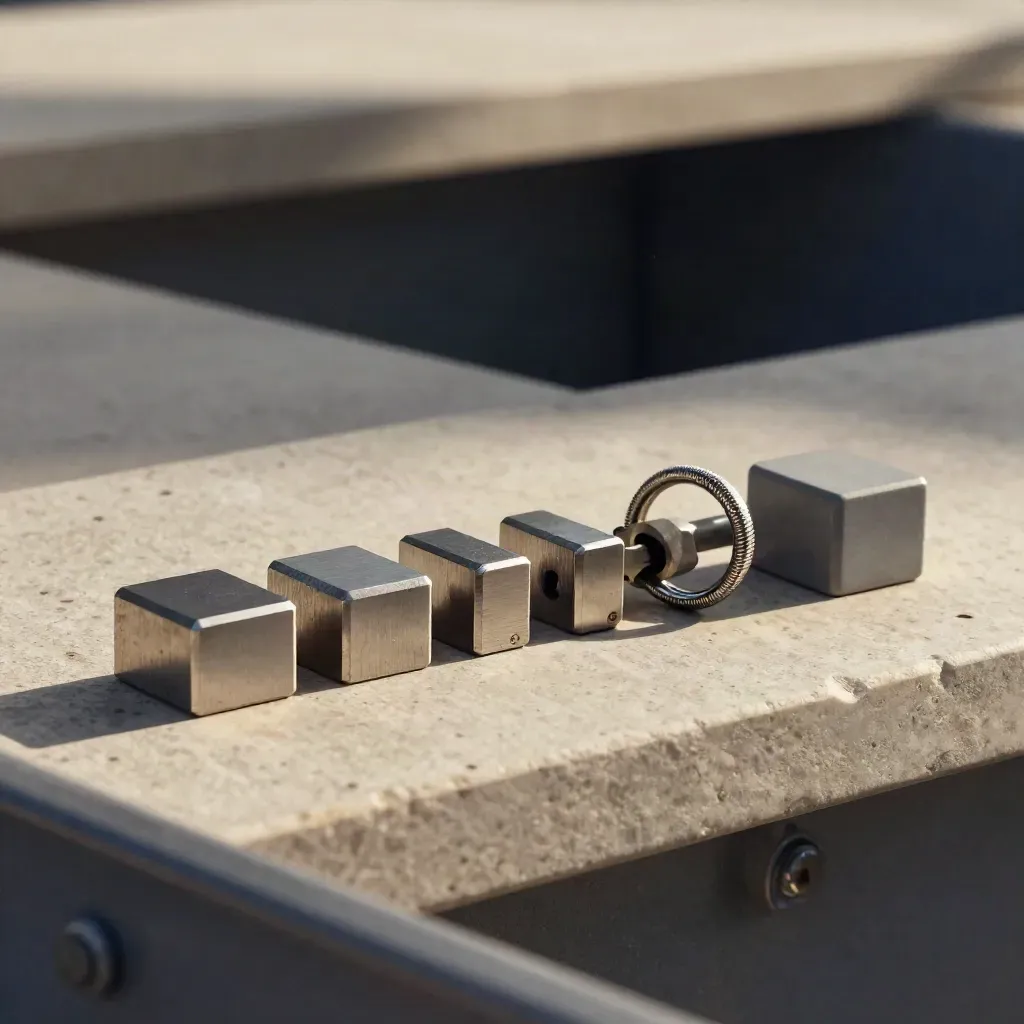 Brushed step counters, punch-key ring and ceramic block on a stone bench in side light.
