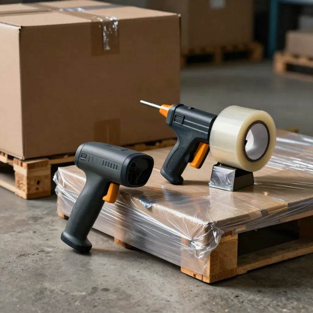 Warehouse scanner, tape gun and wrapped cartons on a concrete packing bay