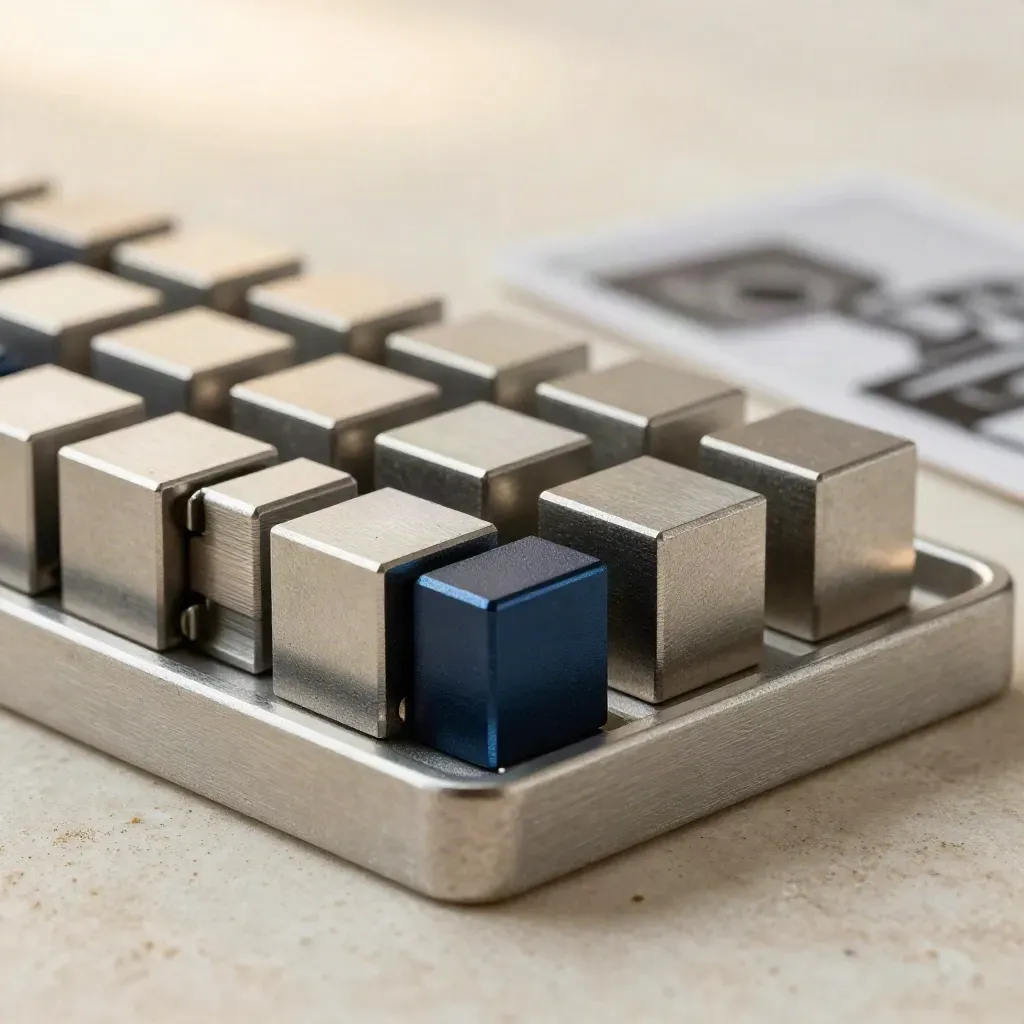 Macro of aluminium workflow modules and rail connectors aligned on a perforated tray.