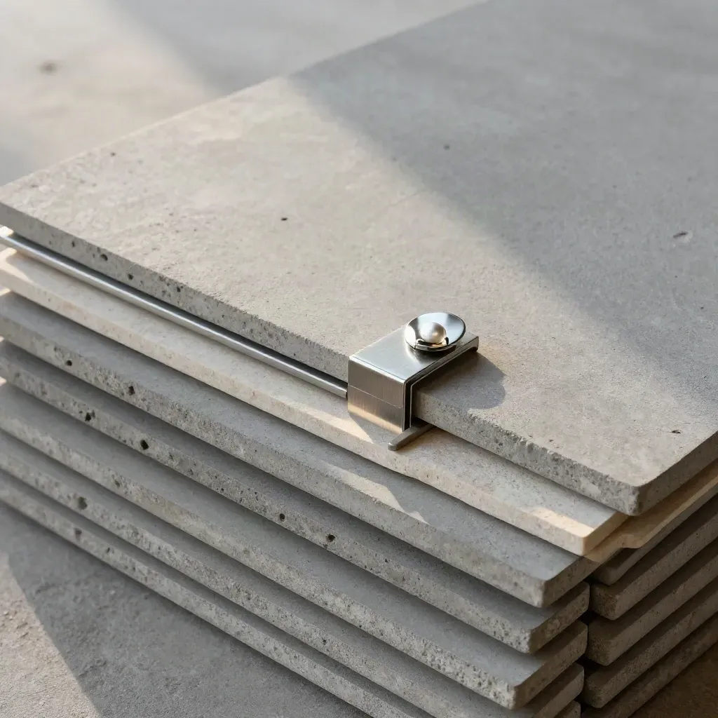 Stacked stone tiles, magnetic clip and brushed metal divider on concrete, shot from above.