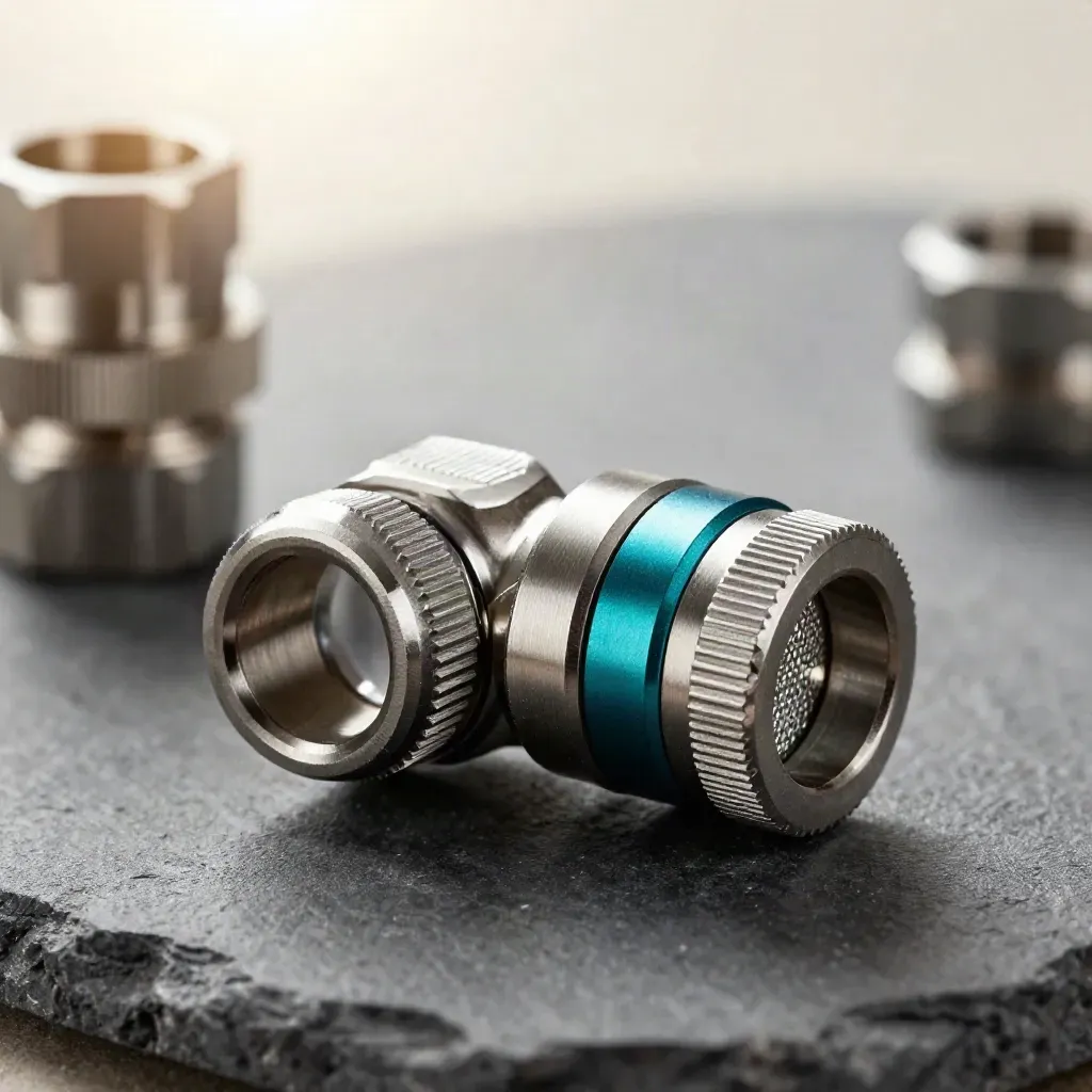 Macro of metal couplers and mesh filter locking into a chain on charcoal stone.